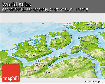 Physical 3D Map of the Area around 63° 1' 7" N, 7° 43' 29" E