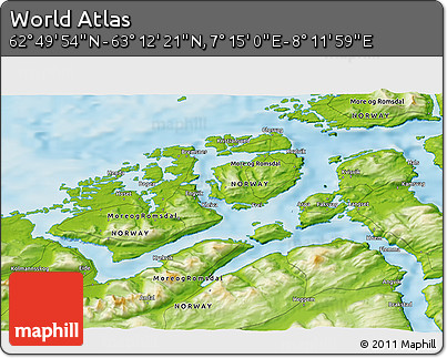 Physical 3D Map of the Area around 63° 1' 7" N, 7° 43' 29" E