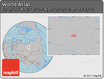 Gray Location Map of the Area around 63° 1' 7" N, 80° 49' 29" E, hill shading
