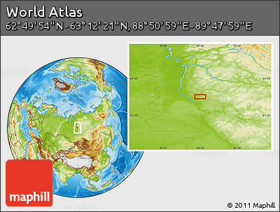 Physical Location Map of the Area around 63° 1' 7" N, 89° 19' 29" E