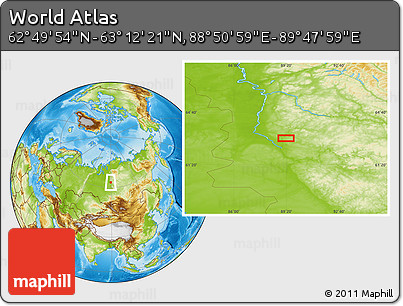Physical Location Map of the Area around 63° 1' 7" N, 89° 19' 29" E
