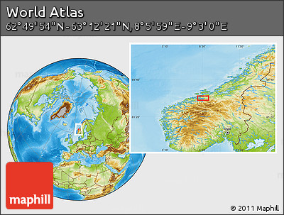 Physical Location Map of the Area around 63° 1' 7" N, 8° 34' 29" E