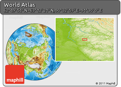 Physical Location Map of the Area around 63° 1' 7" N, 91° 1' 30" E