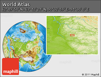 Physical Location Map of the Area around 63° 1' 7" N, 91° 1' 30" E
