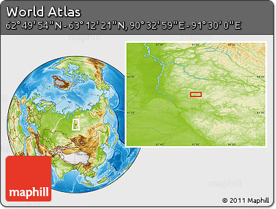 Physical Location Map of the Area around 63° 1' 7" N, 91° 1' 30" E