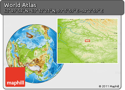 Physical Location Map of the Area around 63° 1' 7" N, 93° 34' 29" E