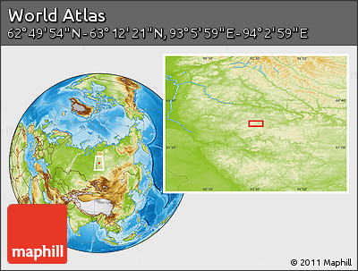 Physical Location Map of the Area around 63° 1' 7" N, 93° 34' 29" E