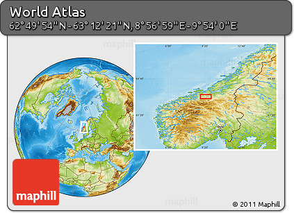Physical Location Map of the Area around 63° 1' 7" N, 9° 25' 30" E