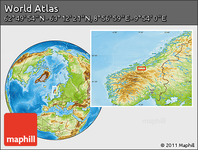 Physical Location Map of the Area around 63° 1' 7" N, 9° 25' 30" E