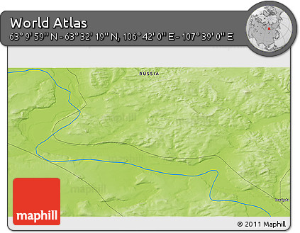Physical 3D Map of the Area around 63° 21' 9" N, 107° 10' 30" E
