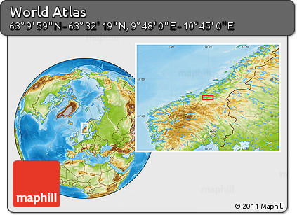 Physical Location Map of the Area around 63° 21' 9" N, 10° 16' 30" E