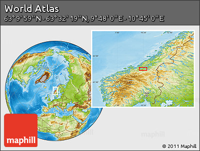 Physical Location Map of the Area around 63° 21' 9" N, 10° 16' 30" E