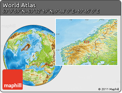 Physical Location Map of the Area around 63° 21' 9" N, 10° 16' 30" E