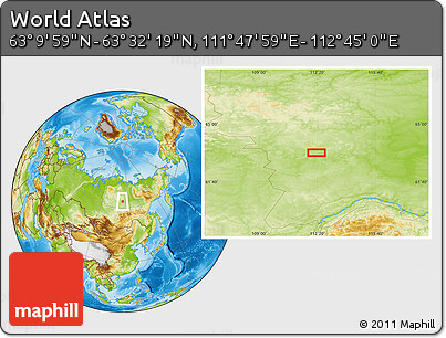Physical Location Map of the Area around 63° 21' 9" N, 112° 16' 30" E
