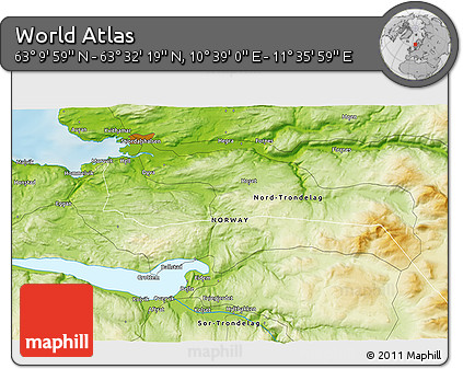 Physical 3D Map of the Area around 63° 21' 9" N, 11° 7' 30" E