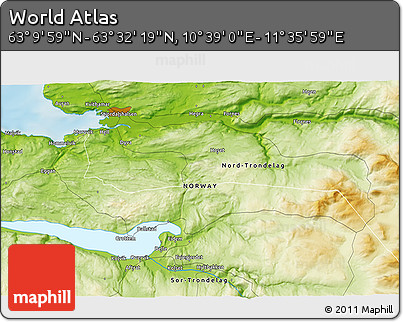 Physical 3D Map of the Area around 63° 21' 9" N, 11° 7' 30" E