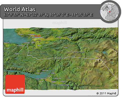 Satellite 3D Map of the Area around 63° 21' 9" N, 11° 7' 30" E