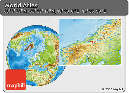 Physical Location Map of the Area around 63° 21' 9" N, 11° 7' 30" E