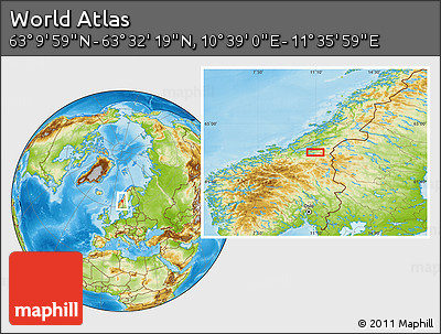 Physical Location Map of the Area around 63° 21' 9" N, 11° 7' 30" E