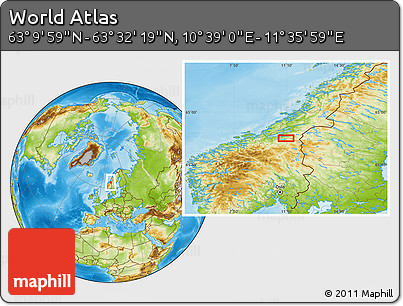 Physical Location Map of the Area around 63° 21' 9" N, 11° 7' 30" E