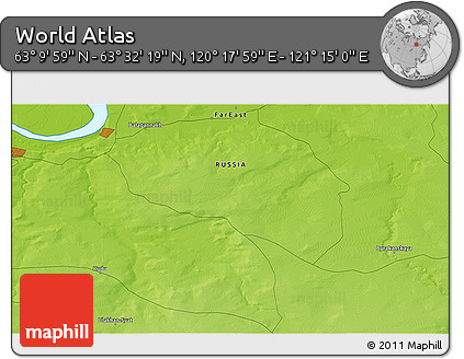 Physical 3D Map of the Area around 63° 21' 9" N, 120° 46' 30" E