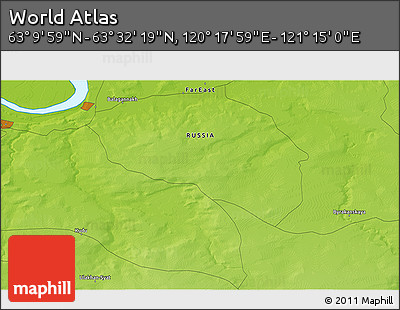 Physical 3D Map of the Area around 63° 21' 9" N, 120° 46' 30" E