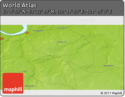 Physical 3D Map of the Area around 63° 21' 9" N, 120° 46' 30" E