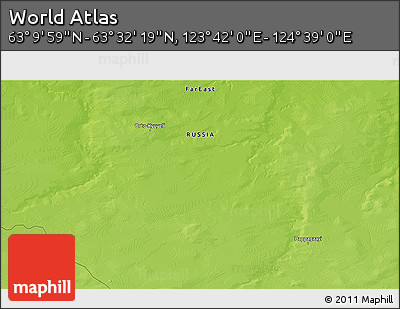 Physical 3D Map of the Area around 63° 21' 9" N, 124° 10' 30" E