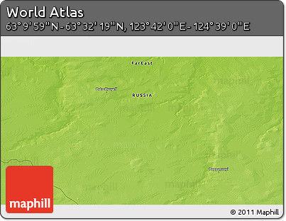 Physical 3D Map of the Area around 63° 21' 9" N, 124° 10' 30" E