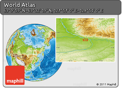 Physical Location Map of the Area around 63° 21' 9" N, 128° 25' 30" E