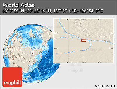 Shaded Relief Location Map of the Area around 63° 21' 9" N, 128° 25' 30" E