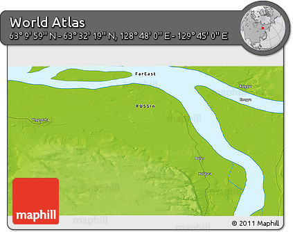 Physical 3D Map of the Area around 63° 21' 9" N, 129° 16' 30" E