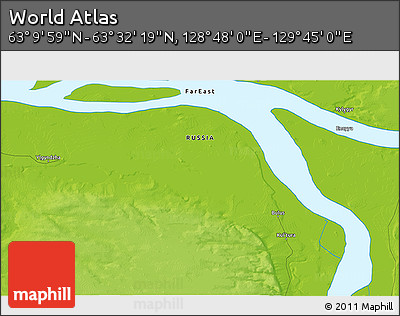 Physical 3D Map of the Area around 63° 21' 9" N, 129° 16' 30" E