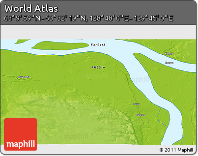 Physical 3D Map of the Area around 63° 21' 9" N, 129° 16' 30" E