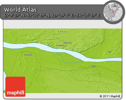 Physical 3D Map of the Area around 63° 21' 9" N, 130° 7' 30" E