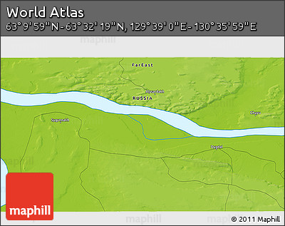 Physical 3D Map of the Area around 63° 21' 9" N, 130° 7' 30" E