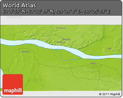 Physical 3D Map of the Area around 63° 21' 9" N, 130° 7' 30" E