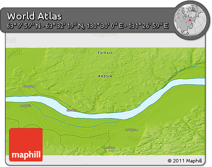 Physical 3D Map of the Area around 63° 21' 9" N, 130° 58' 29" E