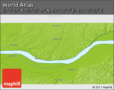 Physical 3D Map of the Area around 63° 21' 9" N, 130° 58' 29" E