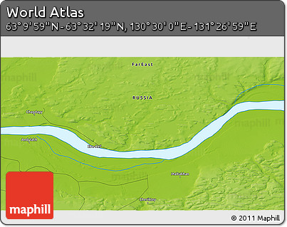 Physical 3D Map of the Area around 63° 21' 9" N, 130° 58' 29" E