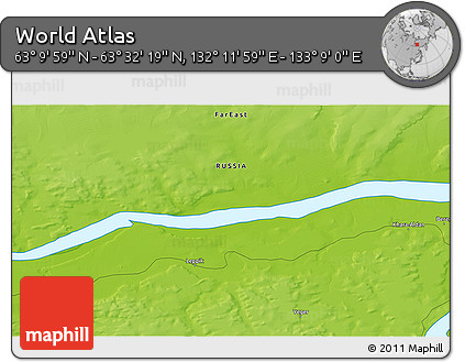 Physical 3D Map of the Area around 63° 21' 9" N, 132° 40' 30" E
