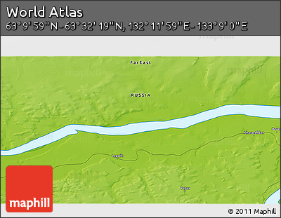 Physical 3D Map of the Area around 63° 21' 9" N, 132° 40' 30" E
