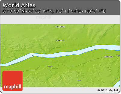Physical 3D Map of the Area around 63° 21' 9" N, 132° 40' 30" E