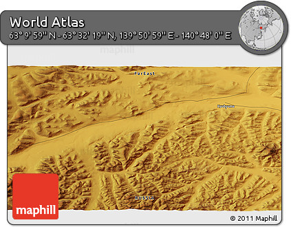 Physical 3D Map of the Area around 63° 21' 9" N, 140° 19' 29" E