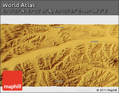 Physical 3D Map of the Area around 63° 21' 9" N, 140° 19' 29" E