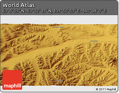 Physical 3D Map of the Area around 63° 21' 9" N, 140° 19' 29" E