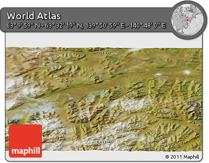 Satellite 3D Map of the Area around 63° 21' 9" N, 140° 19' 29" E