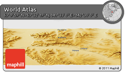 Physical Panoramic Map of the Area around 63° 21' 9" N, 142° 1' 30" E
