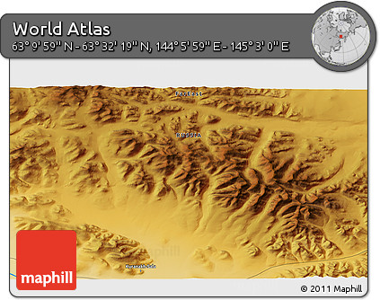 Physical 3D Map of the Area around 63° 21' 9" N, 144° 34' 29" E