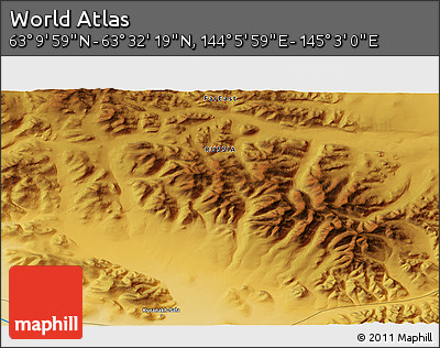 Physical 3D Map of the Area around 63° 21' 9" N, 144° 34' 29" E